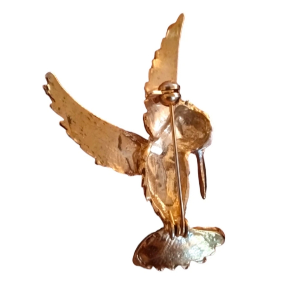 Vintage 80s Pave Crystal Gold-Toned Majestic Flying Hummingbird Brooch - Picture 2 of 2